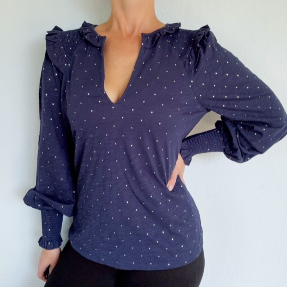 Boden navy blue metallic gold dot print ruffle collar long sleeve blouse size 6
